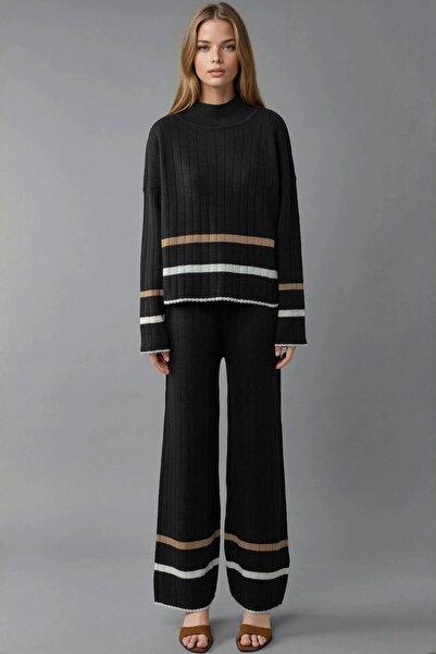 Hiccup My Fashion Mock Neck Sweater & Wide Leg Pants Striped Knitwear Set