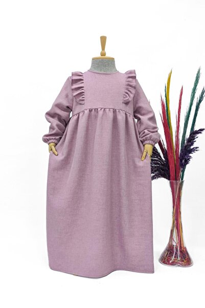 Betül Akbay Girl's Linen Dress - Hüma Model Long Hijab Dress Dusty Rose