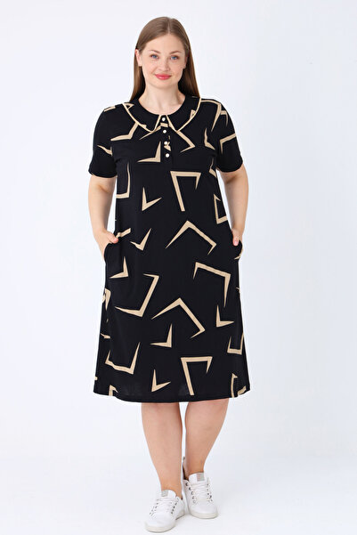 İntensive Women's Plus Size Patterned Cotton Lace Detailed Buttoned Pocketed Dress