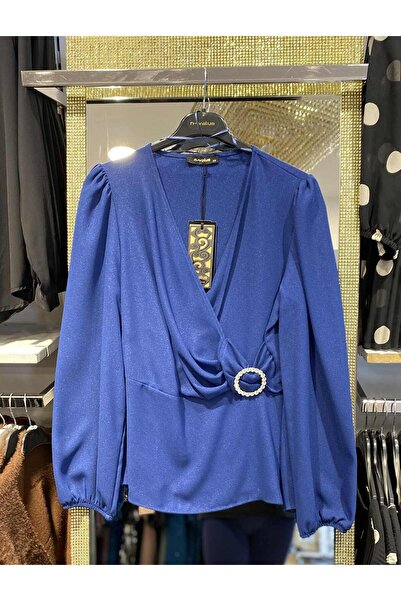 sinembutik mavi kruvaze yaka taş detaylı bluz