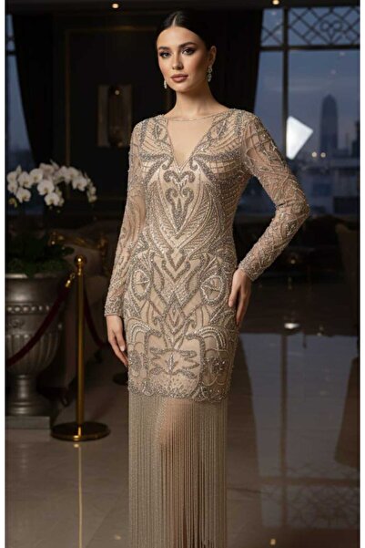 Zeyn KADIN ABİYE V YAKA KASNAK İŞİ SAÇAK DETAYLI UZUN ELBİSE