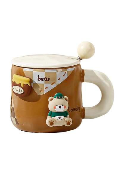 Generic كوب قهوة سيراميك مزين برسومات دب كرتوني كوري مع ملعقة وغطاء