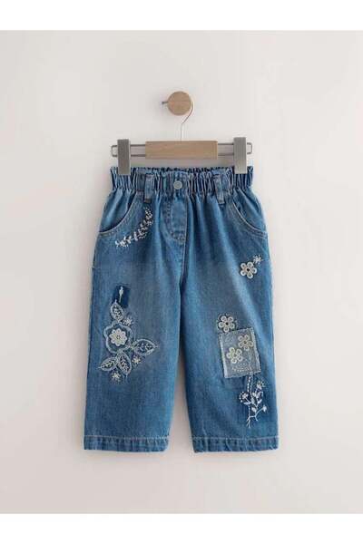 Magu Girls' Embroidered Jeans – Elastic Waist, Floral Detail Denim Bottoms