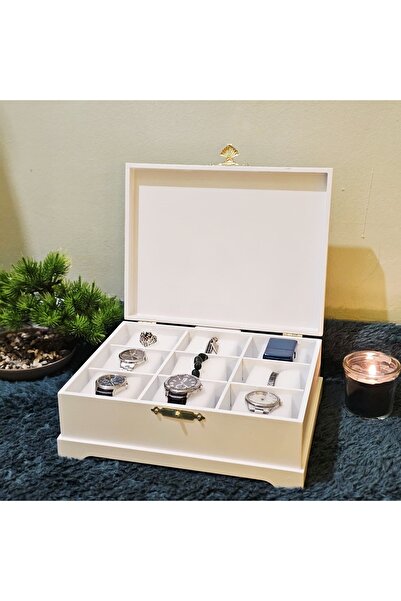 Tekir Store evinizi güzelleştirin Wooden 9-Compartment Watch Box Decorative White Watch Accessory Storage Case Organizer