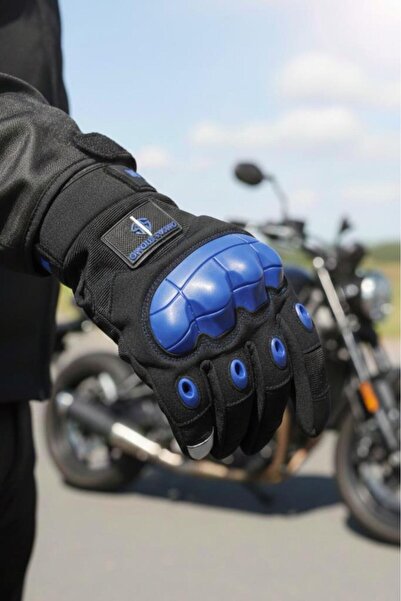 SINGLE SWORD Mavi Tam Parmak Dokunmatik Özellikli iç ve Dış Koruma Destekli Taktik Motorcu Eldiveni