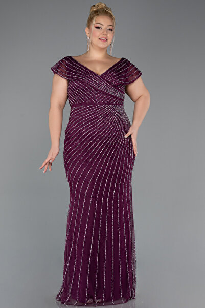 Abiyefon Mürdüm Kayık Yaka Uzun Taşlı Büyük Beden Abiye Elbise ABU5439