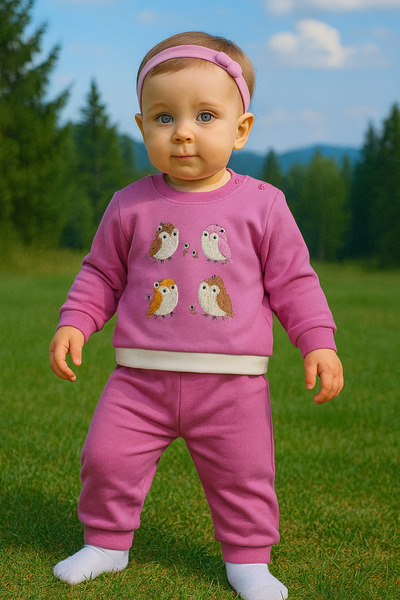 karacon baby Karacon 181-12-25 Baby Girl Tracksuit Set with Owl Embroidery Ec...
