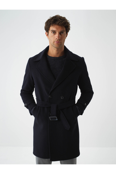 Xint Erkek Lacivert Doğal Yün Dokulu Regular Fit Kaban