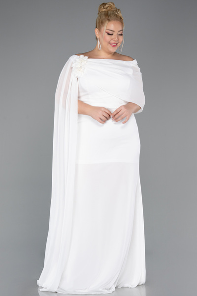 Abiyefon Ekru Pelerinli Tek Omuz Uzun Şifon Büyük Beden Abiye ABU5419