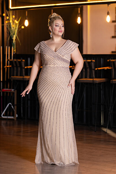 Abiyefon Bej Kayık Yaka Uzun Taşlı Büyük Beden Abiye Elbise ABU5439