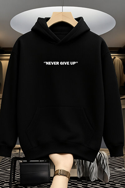 Revasser Unisex Erkek/Kadın NEVER Renkli Özel Baskılı Pamuklu Oversize Kapüşo...