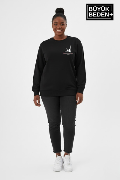 Superlife Women's Plus Size Sail Printed Crew Neck Sweatshirt Spr26Bswk956-11