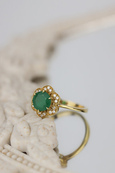 Coy Diamond Vintage Yüzük , Zümrüt & Pırlanta Yüzük,14 Ayar Altın Pırlanta Ta...