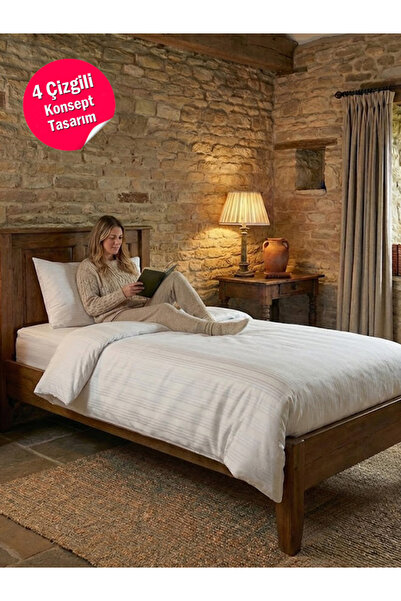 OPAQ Tek Kişilik Saten Beyaz Nevresim Takımı | Çarşafı Lastikli | 4 Çizgili K...