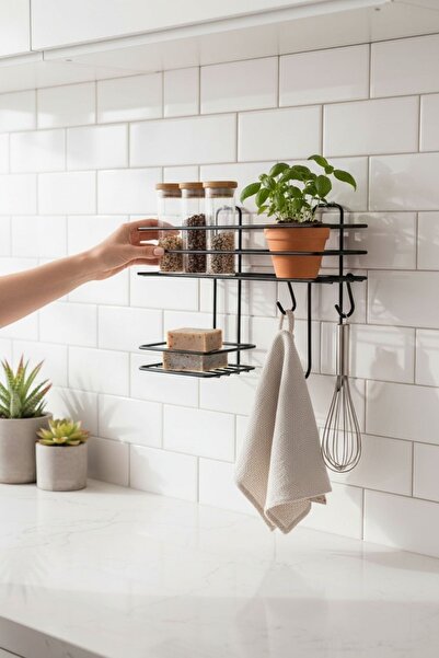 KARTEYA منظم حمام مسطح أسود اللون مع حامل صابون ومقسم