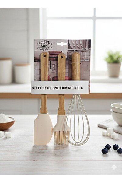 mutfak BAMBU Saplı 3'lü Silikon Seti (Fırça-Spatula-Çırpıcı) KREM