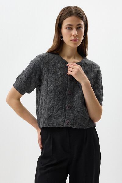Rays Anthracite Knitted Short Sleeve Buttoned Crop Women's Cardigan 2262