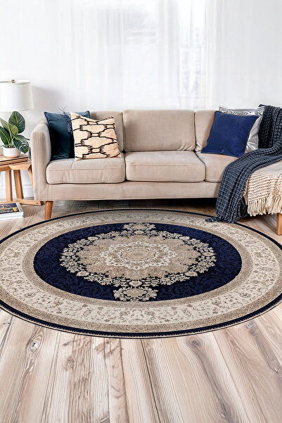 BigArts Home Lacivert Kahverengi Bej Krem Klasik Desenli Otantik Yuvarlak Sal...