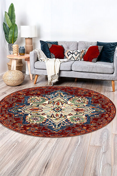 BigArts Home Bordo Lacivert Otantik Klasik Kaymaz Taban Halı Yolluk Yuvarlak ...