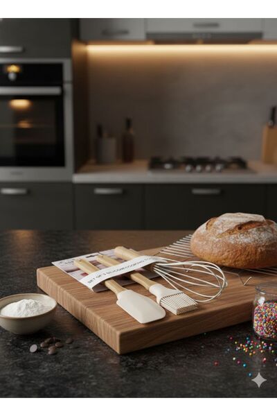 Seram Collection BAMBU Saplı 3'lü Silikon Seti (Fırça-Spatula-Çırpıcı) KREM