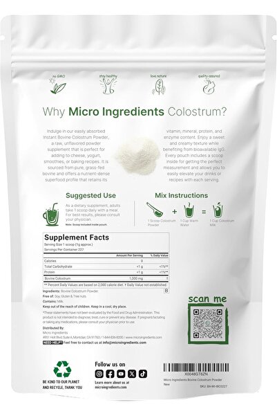 Micro ingredients مسحوق اللبأ البقري الفوري، 8 أونصة (227 حصة)، بدون نكهة