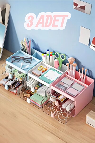 Bayev 3 Adet Popsy 2 Çekmeceli Makyaj Organizeri - Bölmeli Fırça Kozmetik Mak...