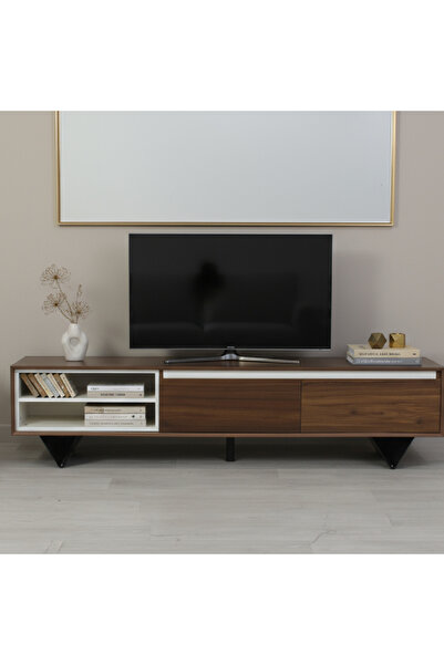 GLAMOURE HOME طاولة تلفاز خشبية مستطيلة بلون داكن مع أدراج ورفوف تصميم مودرن عملي