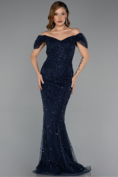 Abiyefon Lacivert Kayık Yaka Boncuklu Uzun Balık Abiye Elbise ABU5404