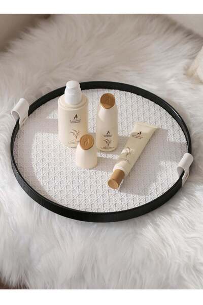 Generic Leather Round Serving Tray with Black Wood Frame, 12" Rattan Tray with Handles