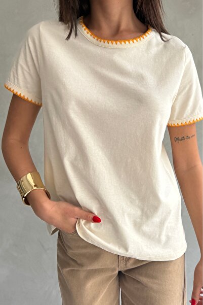 Ulino Tricou cu guler și mâneci cu detalii croșetate