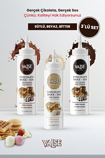 Valse Gerçek Çikolatalı Sos Set 3 x 330 Gr (Sütlü ,Beyaz, Bitter) Glutensiz W...