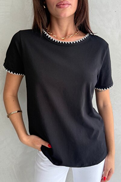 Ulino Tricou cu guler și mâneci cu detalii croșetate