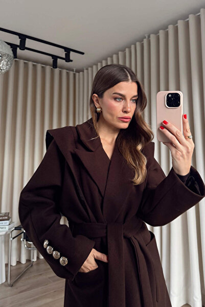 Sue Store Palton de lână confortabil, căptușit, cu detaliu pliat pe umăr, maro amar