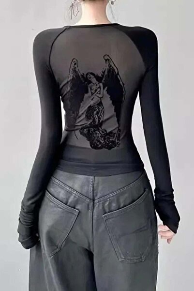 Karakedi Gothic Transparent Angel Wings Back Detailed Long Sleeve Black Bodysuit