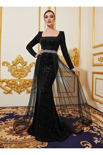 JustFab ✨فستان سهرة أسود أنيق مزين بالترتر، بياقة مربعة وطبقة من التول - فستان رسمي بأكمام طويلة✨