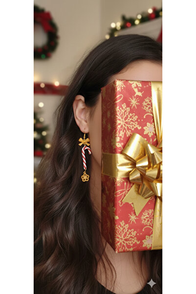 OEM Candy Cane Christmas Earrings with Gold Bow - 3D Printed, Festive Design
