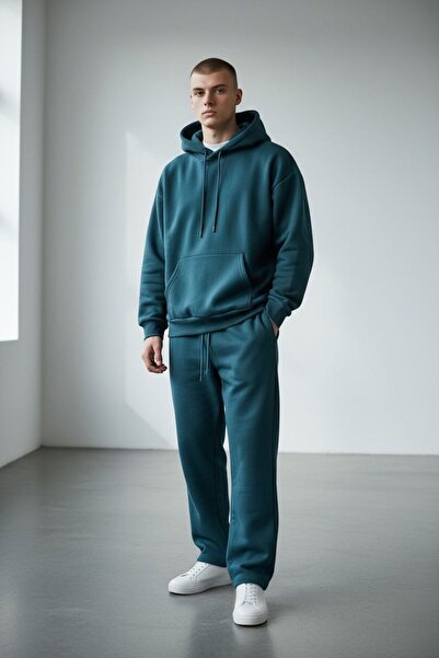 RASCHA طقم بدلة رياضية بغطاء للرأس باللون الأزرق البترولي للرجال قصة فضفاضة