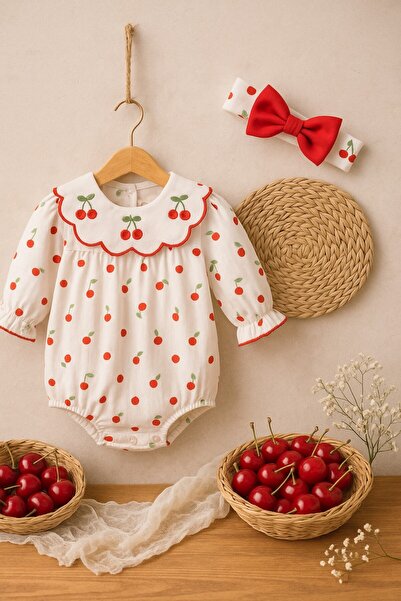 Chicsy Baby طقم بودي بأكمام طويلة وربطة شعر للفتيات الصغيرات بنمط الكرز وياقة...