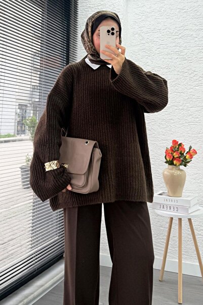 MELEK ARAZ Premium supradimensionat basic Pulover tricotat pentru femei – maro