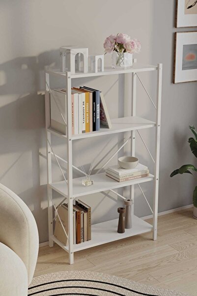 WOODENSA Beyaz Kitaplık Metal Kitaplık 4 Raflı Ofis Kitaplığı Kitap Dosya Rafı