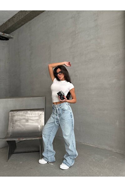 HerTon Bağlama Detaylı Yüksek Bel Bol Paça Açık Mavi Denim Jean