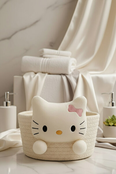 DİVAYS Natural Wicker Basket with Cute Cat Figure Bathroom and Baby Room Multi-Purpose Organizer Box