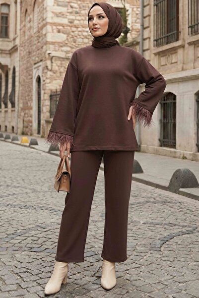 TOFİSA Modal Double Suit with Feathered Sleeves Brown - 088-Brown