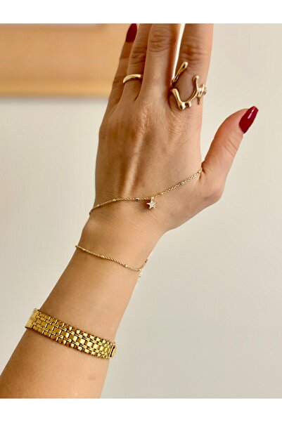 Kiki Parmak Geçirmeli Çiftli Yıldız Charm Detaylı Gold Çelik Bileklik – Jewel...