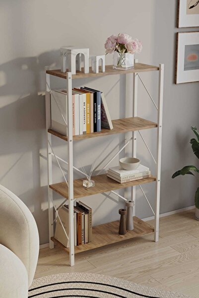 WOODENSA Beyaz Kitaplık Metal Kitaplık 4 Raflı Ofis Kitaplığı Kitap Dosya Rafı
