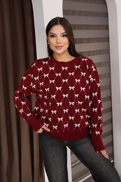 ALCHON Round Crew Neck Bow Tie Bowknot Argyle Jacquard Long Sleeve Standard Fit Knitwear Sweater