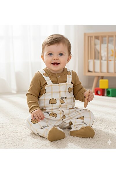 Bip Baby Little Teddy Bear Printed Baby Boy Jumpsuit with Booties