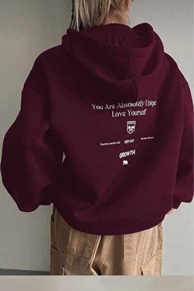 NO 601 Hanorac cu glugă pentru femei, Bordeaux, Calm cu imprimeu