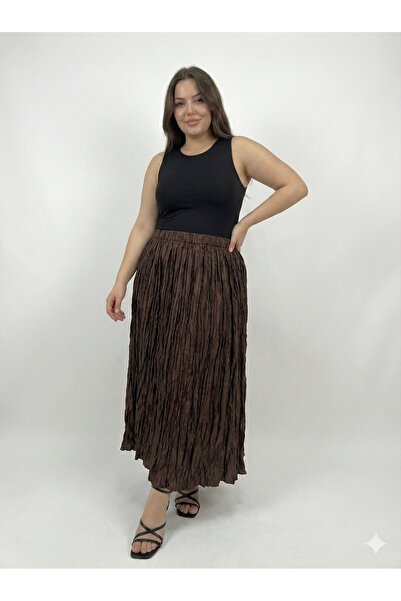 della moor Brown Italian Waist Elastic Wrinkled Look Long Satin Flared Skirt