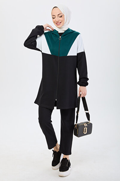 TOFİSA Paneled Zippered Two Thread Tunic Trousers Emerald - 13107-Zumrut